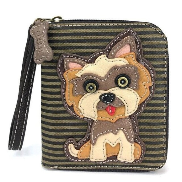 Chala Zip Faux Leather Credit Card Wallet Wristlet - Yorkie, Olive Stripe NWT - Picture 1 of 4